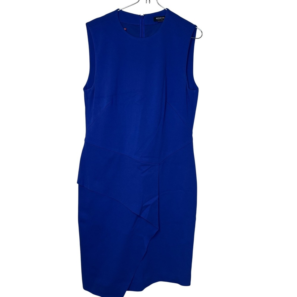 Worth Womens Dress Sheath Draped Sleeveless Knee Length Career Office Blue Small